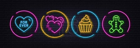 Illustration for Cupcake, Heart and For ever minimal line icons. Neon laser 3d lights. Gingerbread man icons. For web, application, printing. Sweet cake, Love, Love sweetheart. Christmas cookie. Vector - Royalty Free Image