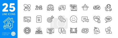 Illustration for Outline icons set. Target, 24h service and Web tutorials icons. Project deadline, Full rotation, Quick tips web elements. Typewriter, Comment, Loyalty points signs. Lock, Smile. Vector - Royalty Free Image