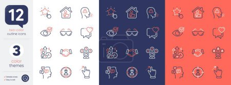 Illustration for Set of Video conference, Headhunting and Messages line icons. Include Heart, Cough, Check eye icons. Work home, Difficult stress, Ranking star web elements. Touchscreen gesture. Vector - Royalty Free Image