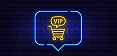 Illustration for Neon light speech bubble. Vip shopping cart line icon. Very important person sign. Member club privilege symbol. Neon light background. Vip shopping glow line. Brick wall banner. Vector - Royalty Free Image