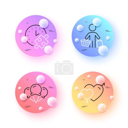 Illustration for Male female, Buyer and Ice creams minimal line icons. 3d spheres or balls buttons. Puzzle time icons. For web, application, printing. Love heart, Shopping customer, Vanilla waffle. Jigsaw game. Vector - Royalty Free Image