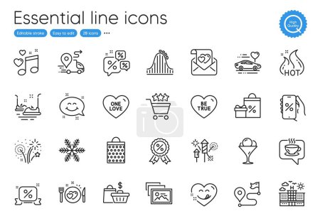 Illustration for Shopping bag, Hot sale and Discount medal line icons. Collection of Discounts app, Love letter, Snowflake icons. Fireworks rocket, Hotel, Ice cream web elements. Be true, Delivery, One love. Vector - Royalty Free Image