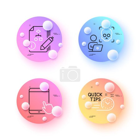 Illustration for Cyber attack, Tablet pc and Algorithm minimal line icons. 3d spheres or balls buttons. Quick tips icons. For web, application, printing. Ransomware risk, Touchscreen gadget, Project. Vector - Royalty Free Image