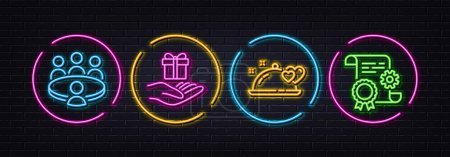 Illustration for Romantic dinner, Loyalty program and Meeting minimal line icons. Neon laser 3d lights. Construction document icons. For web, application, printing. Restaurant food, Gift, Human resource. Vector - Royalty Free Image