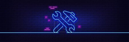 Illustration for Neon light glow effect. Repair line icon. Fix service sign. Wrench and hammer tool symbol. 3d line neon glow icon. Brick wall banner. Repair outline. Vector - Royalty Free Image