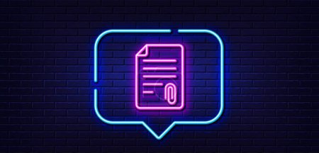 Illustration for Neon light speech bubble. CV attachment line icon. Document file symbol. Neon light background. Attachment glow line. Brick wall banner. Vector - Royalty Free Image