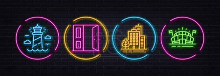 Illustration for Buildings, Open door and Lighthouse minimal line icons. Neon laser 3d lights. Sports arena icons. For web, application, printing. City architecture, Entrance, Beacon tower. Event stadium. Vector - Royalty Free Image