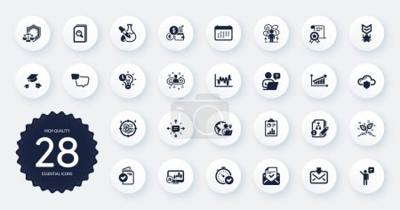 Illustration for Set of Education icons, such as Fast verification , Online question and Stock analysis flat icons. Startup concept, Search files, Chart web elements. Recruitment, Agent. Circle buttons. Vector - Royalty Free Image