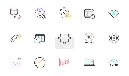 Illustration for Puzzle, Calendar time and Financial diagram line icons for website, printing. Collection of No vaccine, Customisation, Yen money icons. Swipe up, Medical syringe, Efficacy web elements. Vector - Royalty Free Image