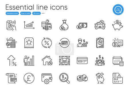 Illustration for Shopping bags, Report and Wallet line icons. Collection of Saving money, Savings, Card icons. Loan house, Refund commission, Binary code web elements. Account, Pound money, Graph chart. Vector - Royalty Free Image