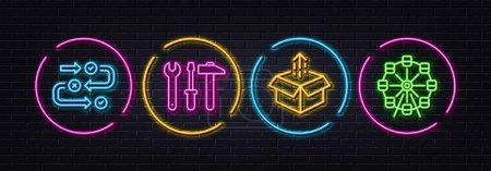 Illustration for Send box, Spanner tool and Survey progress minimal line icons. Neon laser 3d lights. Ferris wheel icons. For web, application, printing. Delivery package, Repair screwdriver, Algorithm. Vector - Royalty Free Image