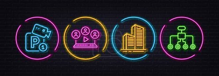 Illustration for Video conference, Skyscraper buildings and Parking security minimal line icons. Neon laser 3d lights. Restructuring icons. For web, application, printing. Vector - Royalty Free Image
