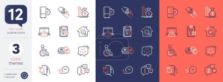 Illustration for Set of Disability, Fast delivery and Budget line icons. Include Alarm clock, Inspect, Smile chat icons. Helping hand, Reject checklist, Info web elements. Refrigerator timer, Savings. Vector - Royalty Free Image