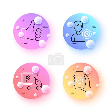 Illustration for Support, Like hand and Financial app minimal line icons. 3d spheres or balls buttons. Truck parking icons. For web, application, printing. Edit profile, Thumbs up, Smartphone analytics. Vector - Royalty Free Image