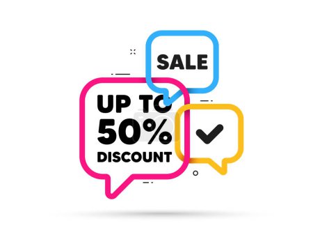 Illustration for Up to 50 percent discount. Ribbon bubble chat banner. Discount offer coupon. Sale offer price sign. Special offer symbol. Save 50 percentages. Discount tag adhesive tag. Promo banner. Vector - Royalty Free Image