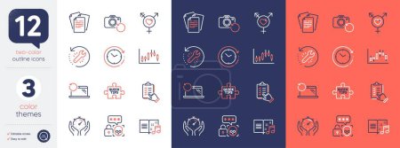 Illustration for Set of Recovery tool, Checklist and Cyber attack line icons. Include Candlestick graph, Music book, Quick tips icons. Recovery photo, Time change, Genders web elements. Documents, Timer. Vector - Royalty Free Image