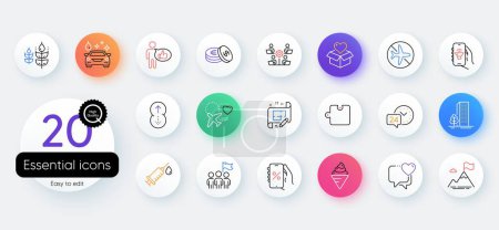 Illustration for Simple set of Like, Buildings and Honeymoon travel line icons. Include Mountain flag, Gluten free, Swipe up icons. Heart, Leadership, Puzzle web elements. Medical syringe, 24h service. Vector - Royalty Free Image