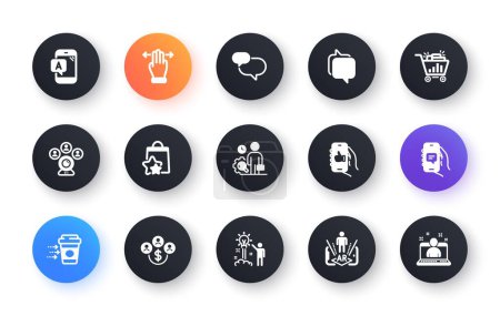 Illustration for Minimal set of Buying currency, Seo shopping and Loyalty points flat icons for web development. Ab testing, Chat message, Like app icons. Multitasking gesture, Augmented reality. Vector - Royalty Free Image