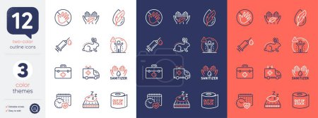 Illustration for Set of Hand sanitizer, Fair trade and Hypoallergenic tested line icons. Include Mattress, Animal tested, Cardio calendar icons. Do not touch, Toilet paper, First aid web elements. Vector - Royalty Free Image
