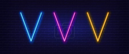 Illustration for Initial letter V icon. Neon light line effect. Line typography character sign. Large first font letter. Glowing neon light element. Letter V glow 3d line. Brick wall banner. Vector - Royalty Free Image