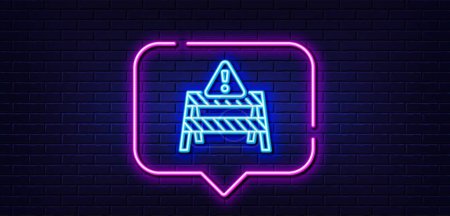 Illustration for Neon light speech bubble. Warning road sign line icon. Attention triangle sign. Caution alert symbol. Neon light background. Warning road glow line. Brick wall banner. Vector - Royalty Free Image