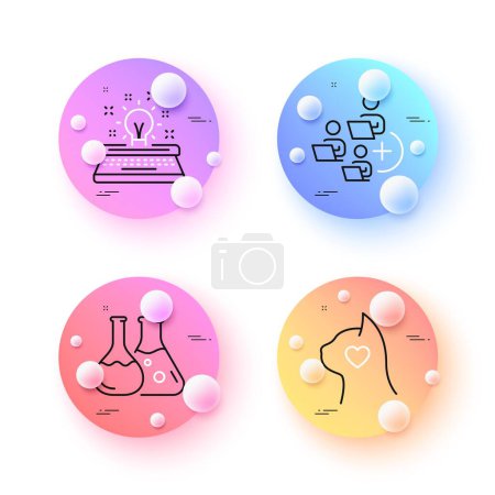 Illustration for Chemistry lab, Add team and Typewriter minimal line icons. 3d spheres or balls buttons. Pets care icons. For web, application, printing. Laboratory, Networking, Inspiration. Shelter. Vector - Royalty Free Image