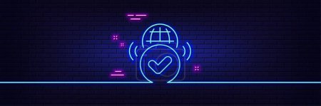 Illustration for Neon light glow effect. Verified internet line icon. Approved web access sign. Confirmed connection symbol. 3d line neon glow icon. Brick wall banner. Verified internet outline. Vector - Royalty Free Image
