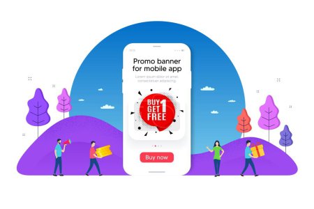 Illustration for Buy 1 Get 1 Free sticker. Phone ui interface banner. Discount banner tag. Coupon icon. Mobile smartphone promo banner. Get free tag. Man with gift box. Vector - Royalty Free Image
