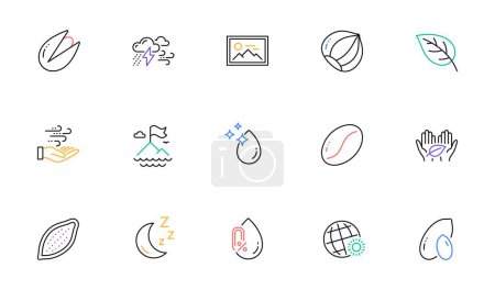 Illustration for Hazelnut, Coffee beans and Peanut line icons for website, printing. Collection of Water drop, Mountain flag, Leaf icons. Fair trade, No alcohol, Cocoa nut web elements. Moon, Photo. Vector - Royalty Free Image