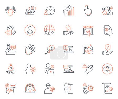 Illustration for People icons set. Included icon as Friends chat, House security and Hand web elements. Faq, Avatar, Market seller icons. Global business, Use gloves, User idea web signs. Hand click. Vector - Royalty Free Image