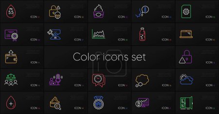 Illustration for Set of Ph neutral, Wallet and Trade chart line icons. Include File management, Judge hammer, Talk bubble icons. Oil serum, Cyber attack, Open door web elements. Collagen skin, Clock. Vector - Royalty Free Image