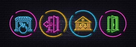 Illustration for Entrance, Market and Court building minimal line icons. Neon laser 3d lights. Open door icons. For web, application, printing. Open door, Apple store, Judgement. Entrance. Neon lights buttons. Vector - Royalty Free Image