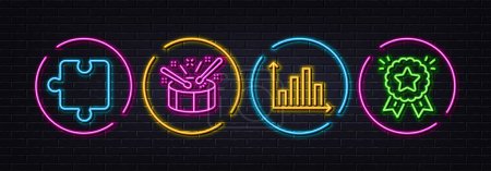 Illustration for Drums, Puzzle and Diagram graph minimal line icons. Neon laser 3d lights. Ranking star icons. For web, application, printing. Drumsticks, Puzzle piece, Presentation chart. Winner medal. Vector - Royalty Free Image