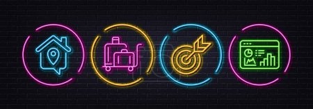 Illustration for Target, Luggage trolley and Work home minimal line icons. Neon laser 3d lights. Seo statistics icons. For web, application, printing. Targeting, Baggage cart, Outsource work. Analytics chart. Vector - Royalty Free Image