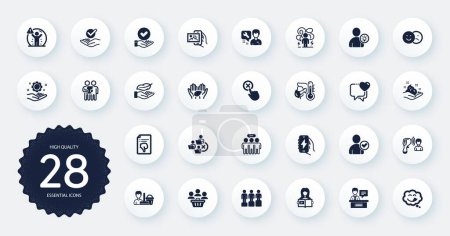 Illustration for Set of People icons, such as Woman read, Approved checkbox and Remove team flat icons. Heart, Social distance, Survey web elements. Lightweight, Charging app, Repairman signs. Buyers. Vector - Royalty Free Image