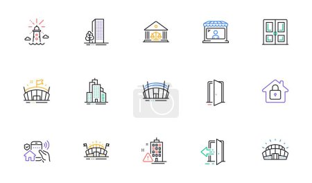 Illustration for Door, Lock and Arena stadium line icons for website, printing. Collection of Buildings, Open door, Court building icons. Sports stadium, Entrance, Sports arena web elements. Vector - Royalty Free Image