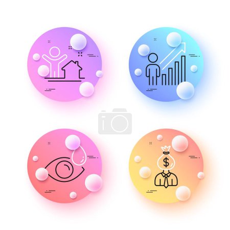 Illustration for Manager, Eye drops and Employee result minimal line icons. 3d spheres or balls buttons. New house icons. For web, application, printing. Work profit, Check vision, Business growth. Buying home. Vector - Royalty Free Image