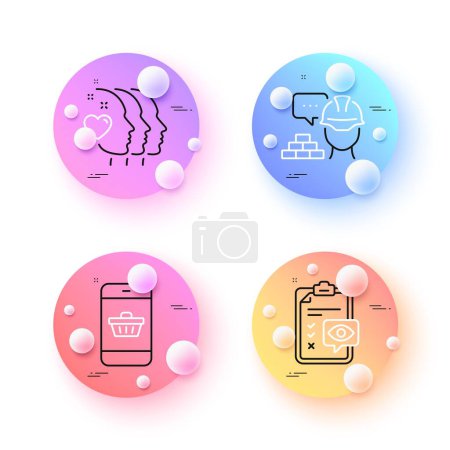 Illustration for Smartphone buying, Friends couple and Eye checklist minimal line icons. 3d spheres or balls buttons. Build icons. For web, application, printing. Website shopping, Friendship, Optometry. Vector - Royalty Free Image