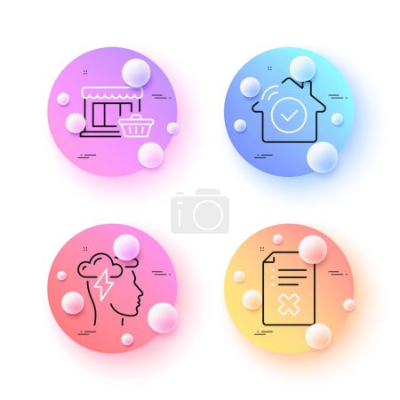 Ilustración de Seguridad de la casa, Mindfulness estrés y Marketplace iconos de línea mínima. esferas 3d o botones de bolas. Rechazar iconos de archivo. Para web, aplicación, impresión. Hogar inteligente, tormenta de nubes, tienda de compras. Vector - Imagen libre de derechos