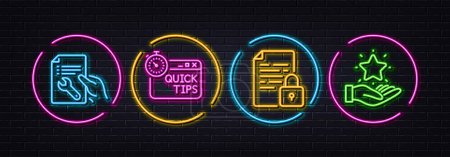 Illustration for Lock, Repair document and Quick tips minimal line icons. Neon laser 3d lights. Loyalty program icons. For web, application, printing. Document with padlock, Spanner tool, Helpful tricks. Vector - Royalty Free Image