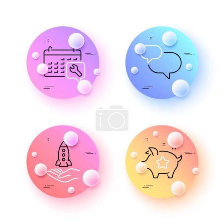 Illustration for Loyalty points, Spanner and Crowdfunding minimal line icons. 3d spheres or balls buttons. Chat message icons. For web, application, printing. Piggy bank, Repair service, Start business. Vector - Royalty Free Image
