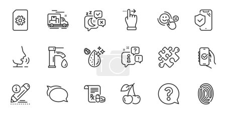 Illustration for Outline set of Puzzle, Phone insurance and Dirty water line icons for web application. Talk, information, delivery truck outline icon. Include Sleep, Medical prescription, Talk bubble icons. Vector - Royalty Free Image