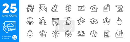 Illustration for Outline icons set. Inspect, Cash and Potato icons. Download photo, Delivery truck, Fair trade web elements. Parking, 5g technology, Stop shopping signs. Credit card, Oil barrel. Vector - Royalty Free Image
