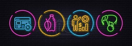 Illustration for Employees wealth, Web timer and Water bottle minimal line icons. Neon laser 3d lights. Elephant on ball icons. For web, application, printing. Results chart, Online test, Mint leaf drink. Vector - Royalty Free Image