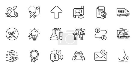 Illustration for Outline set of Electricity bulb, Loan percent and Destination flag line icons for web application. Talk, information, delivery truck outline icon. Vector - Royalty Free Image