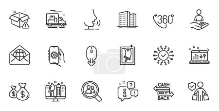 Illustration for Outline set of Buildings, Web mail and 360 degree line icons for web application. Talk, information, delivery truck outline icon. Include Window cleaning, Creative design, Scroll down icons. Vector - Royalty Free Image