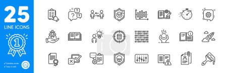 Illustration for Outline icons set. Interview documents, Reward and Confirmed icons. Question bubbles, Teamwork business, Cyber attack web elements. Clipboard, Instruction info, Education signs. Brush. Vector - Royalty Free Image