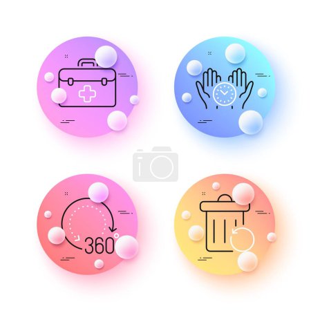 Illustration for First aid, Safe time and Recovery trash minimal line icons. 3d spheres or balls buttons. 360 degrees icons. For web, application, printing. Medicine kit, Management, Backup file. Vector - Royalty Free Image