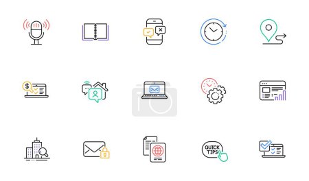 Illustration for Work home, Time management and Web report line icons for website, printing. Collection of Phone survey, Book, Journey icons. Online accounting, Passport document, Time change web elements. Vector - Royalty Free Image