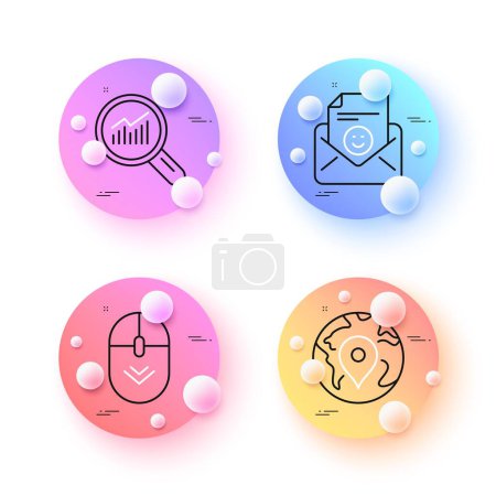 Illustration for Smile, Pin and Scroll down minimal line icons. 3d spheres or balls buttons. Data analysis icons. For web, application, printing. Positive mail, Map point, Mouse swipe. Magnifying glass. Vector - Royalty Free Image